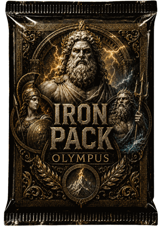 The Olympus I pack - Zeus wreathed in lightning above Athena and Poseidon, on black and gold Greek-key foil
