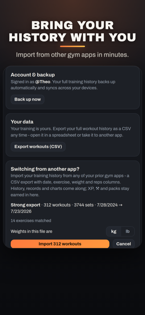 Headline: Bring your history with you. The CSV import preview - workouts and sets found, the date range, and the kg or lb picker for Strong exports
