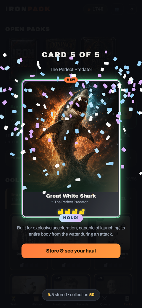 A legendary Great White Shark card revealed from a pack, confetti falling