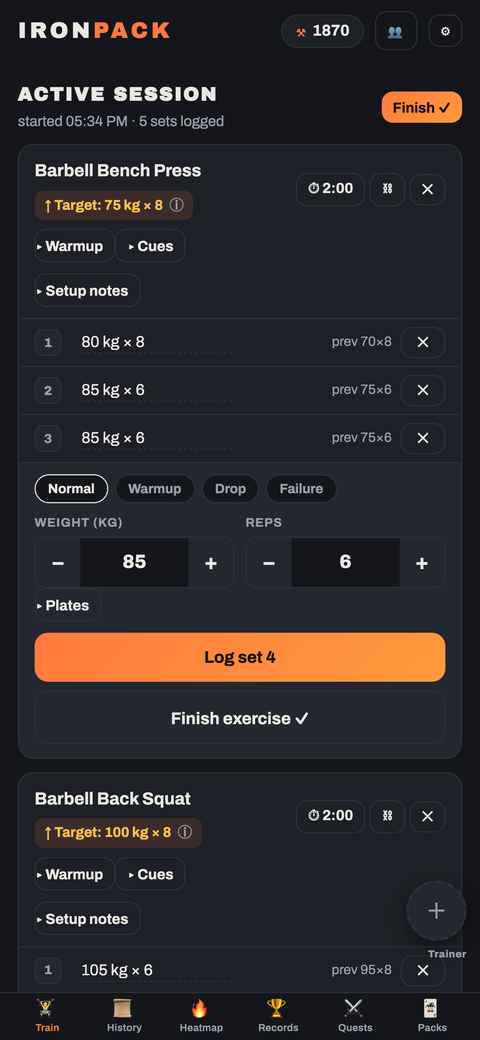Logging bench press sets mid-workout